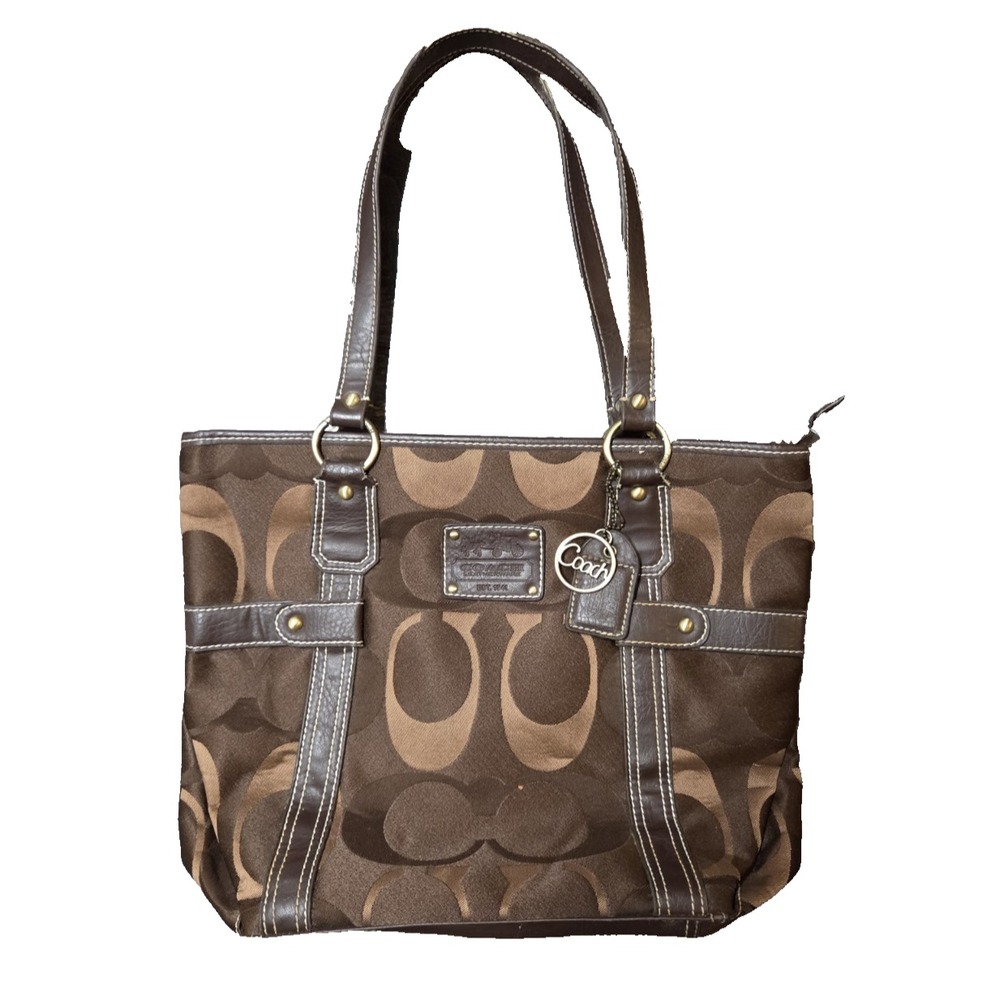 Coach Vintage Signature Bag C13153 Brown Leather 2 Straps Tote Purse Zipper